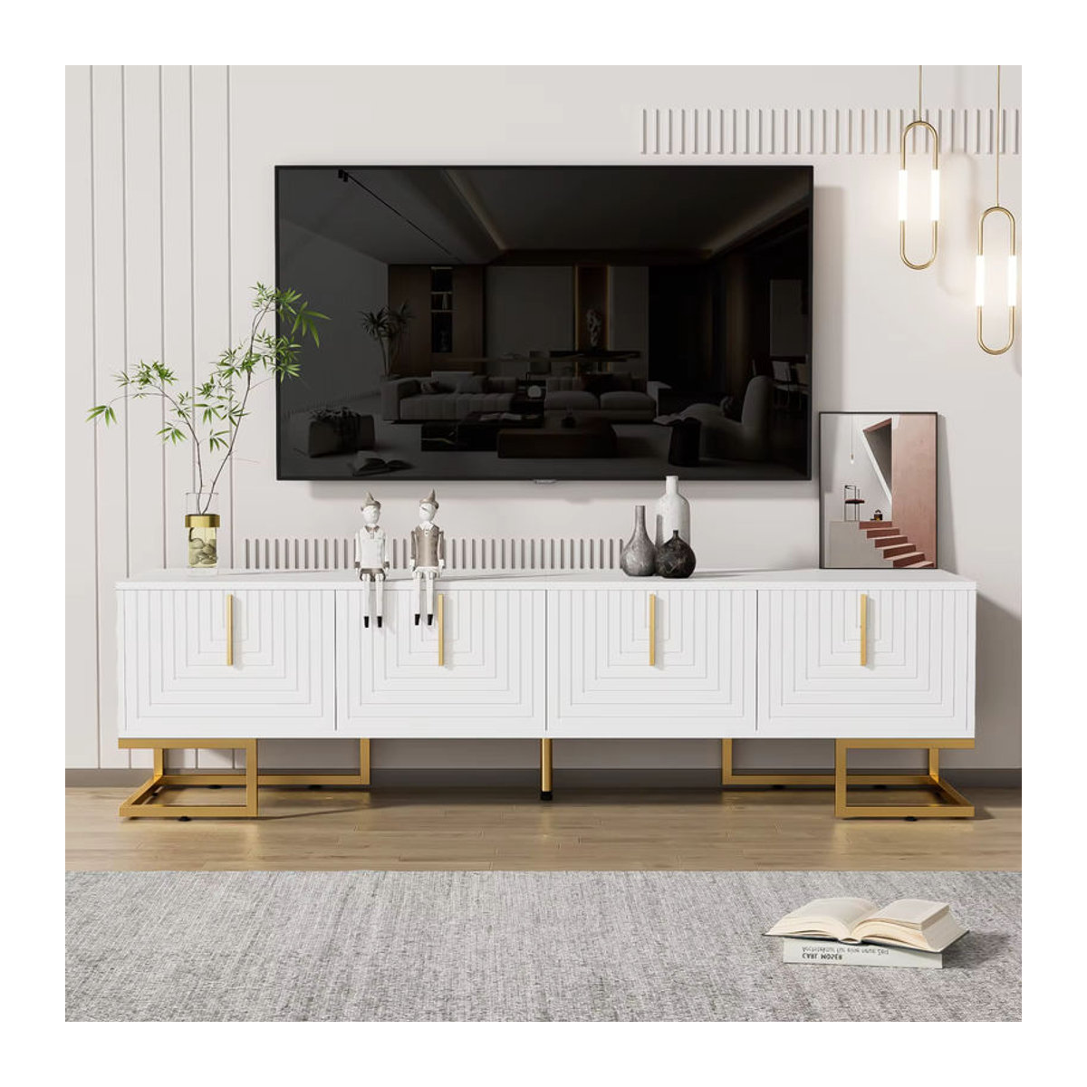 Anajqaqia TV-Schrank Modern in Weiß mit strukturierten Türen und goldenen Details, B/T/H: 170 x 40 x 45,5 cm - Bild 2
