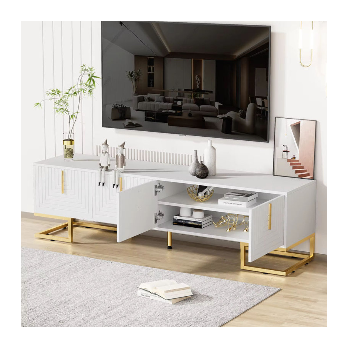 Anajqaqia TV-Schrank Modern in Weiß mit strukturierten Türen und goldenen Details, B/T/H: 170 x 40 x 45,5 cm - Bild 3