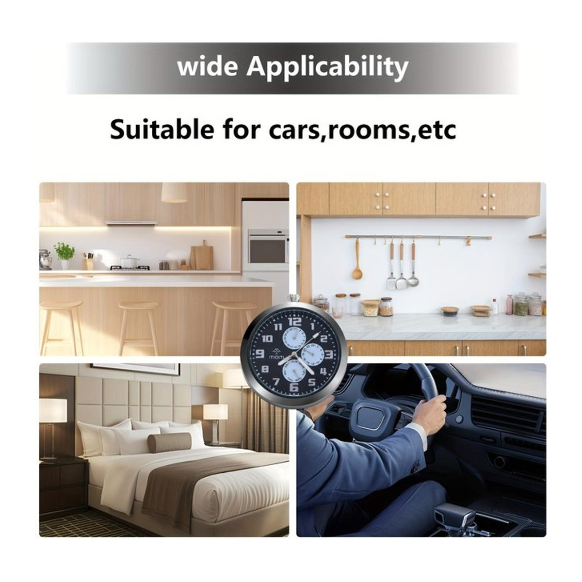 Analoge Quarzuhr in Schwarz mit Datumsanzeige und IPX3-Wasserdichtigkeit, rundes Design aus Metall und Glas für Auto oder Zuhause - Bild 1