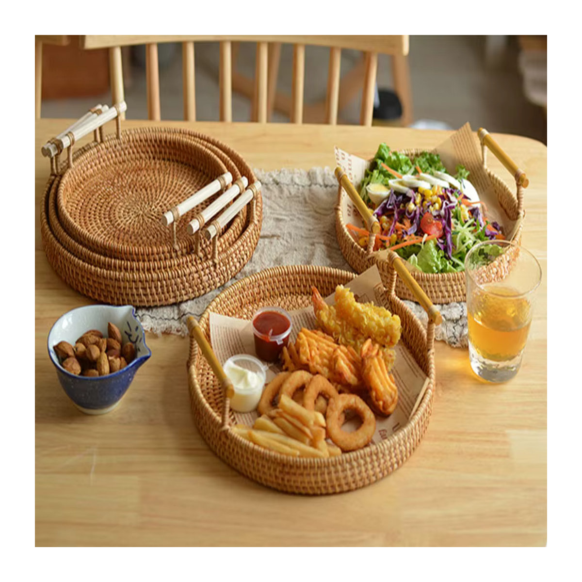 Andralyn Rattan Korb Rund in Braun Handgewebtes Aufbewahrungsset für Brot Obst und Snacks im Bohemian Stil - Bild 4