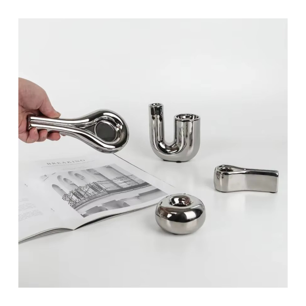 ANENG Keramik Teelichthalter in Silber und Weiß, moderner geometrischer Kerzenhalter für dein Wohnzimmer oder Büro - Bild 2