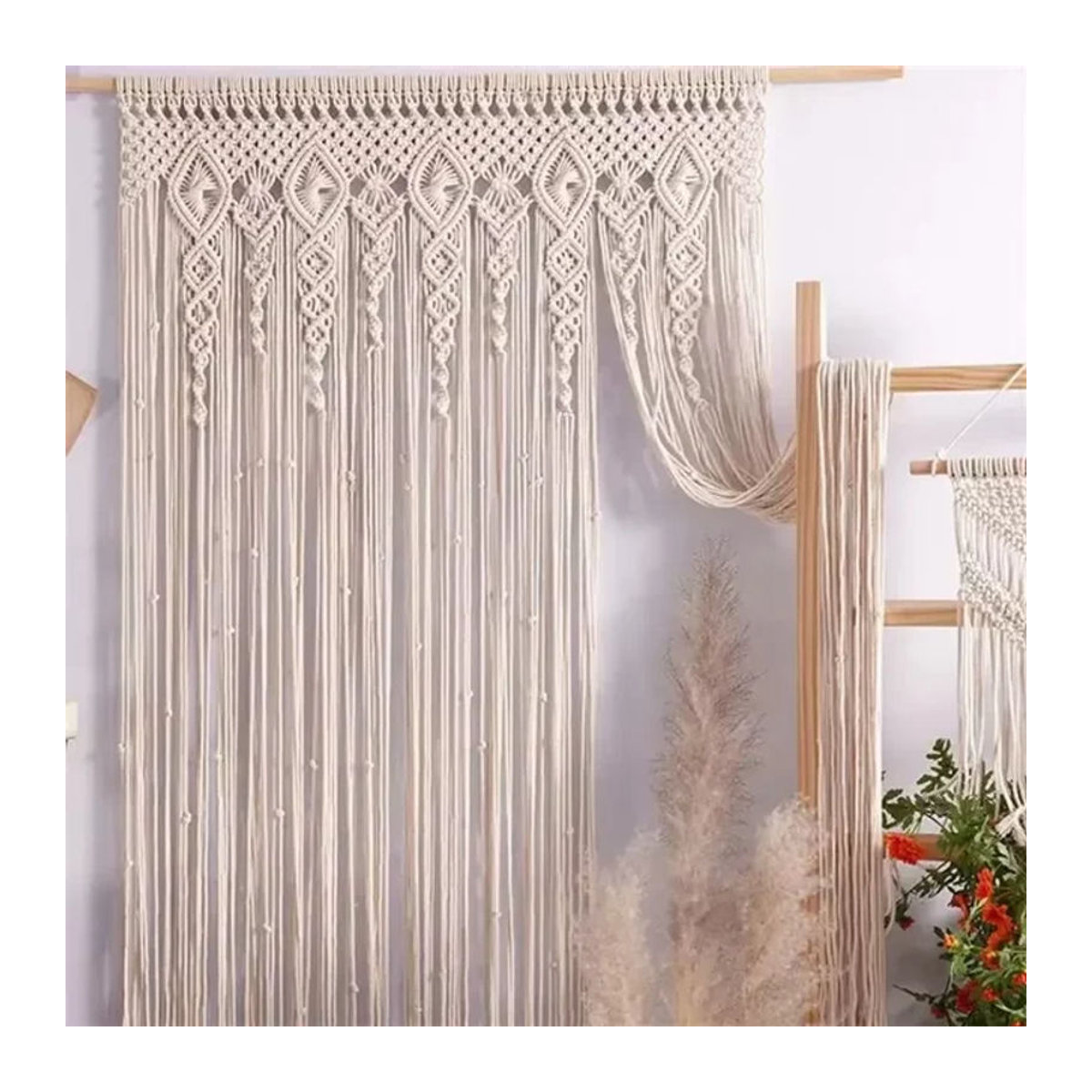 ANENG Makramee Wandteppich aus Baumwolle in Creme mit geometrischem Design und Quasten für Boho-Dekoration, B/H: 70 x 200 cm - Bild 1