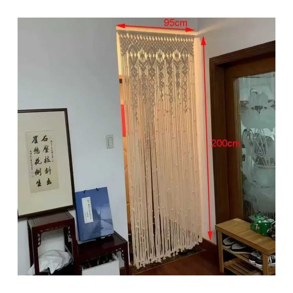 ANENG Makramee Wandteppich aus Baumwolle in Creme mit geometrischem Design und Quasten für Boho-Dekoration, B/H: 70 x 200 cm - Bild 2