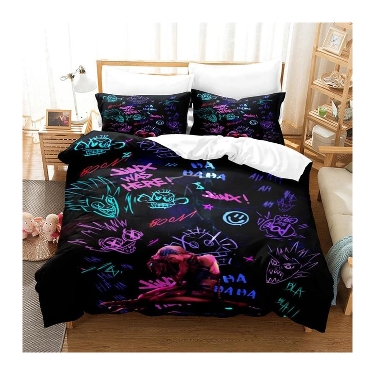Anime Arcane Bettwäscheset Jinx 3D-Druck mit Kissenbezügen von JMG Household Supplies, Farbe: Schwarz, B/L: 240 x 210 cm - Bild 1