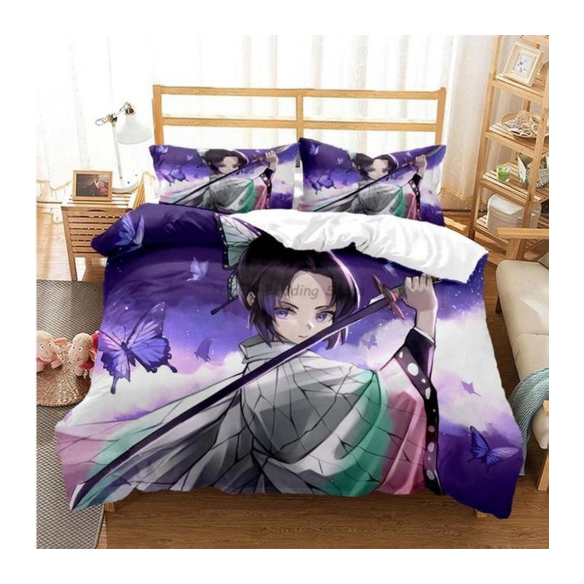 Anime Demon Slayer Bettwäsche-Set in Lila für Teenager und Mädchen mit Reißverschlussverschluss, B/H: 135 x 200 cm - Bild 1