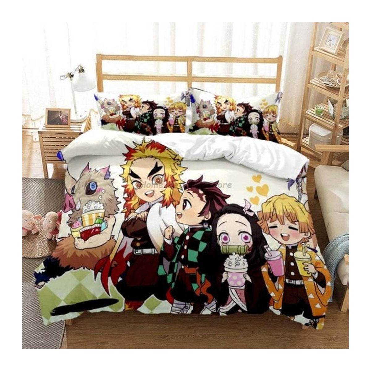 Anime Demon Slayer Bettwäsche-Set mehrfarbig mit Reißverschluss, Bettbezug und Kissenbezug für Teenager und Mädchen, Bettbezug: 200 x 220 cm, Kissenbezug: 70 x 133 cm - Bild 1