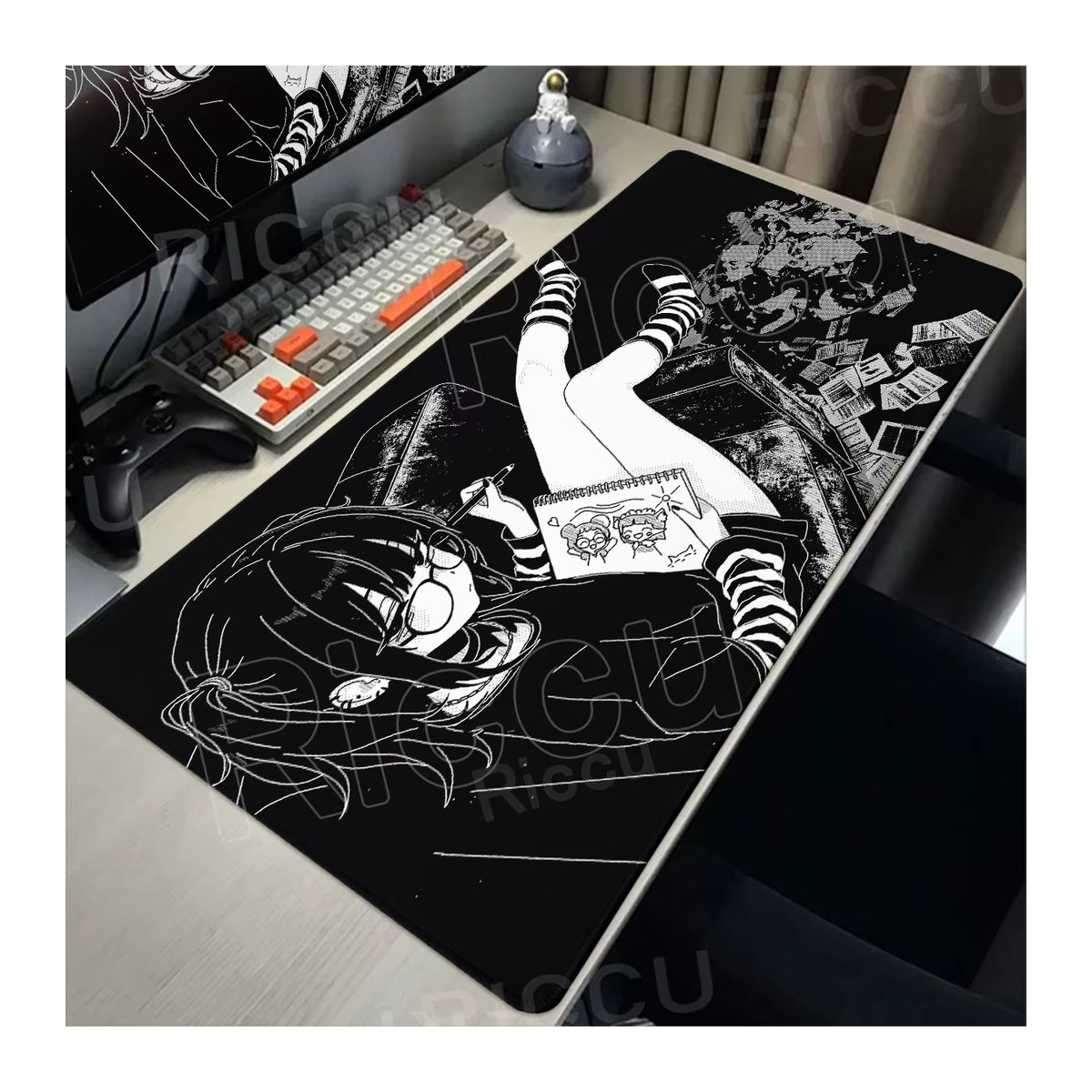 Anime-Mädchen Pixel Mousepad Riccu XXL Schwarz-Weiß Textil Schreibtischmatte - Bild 3