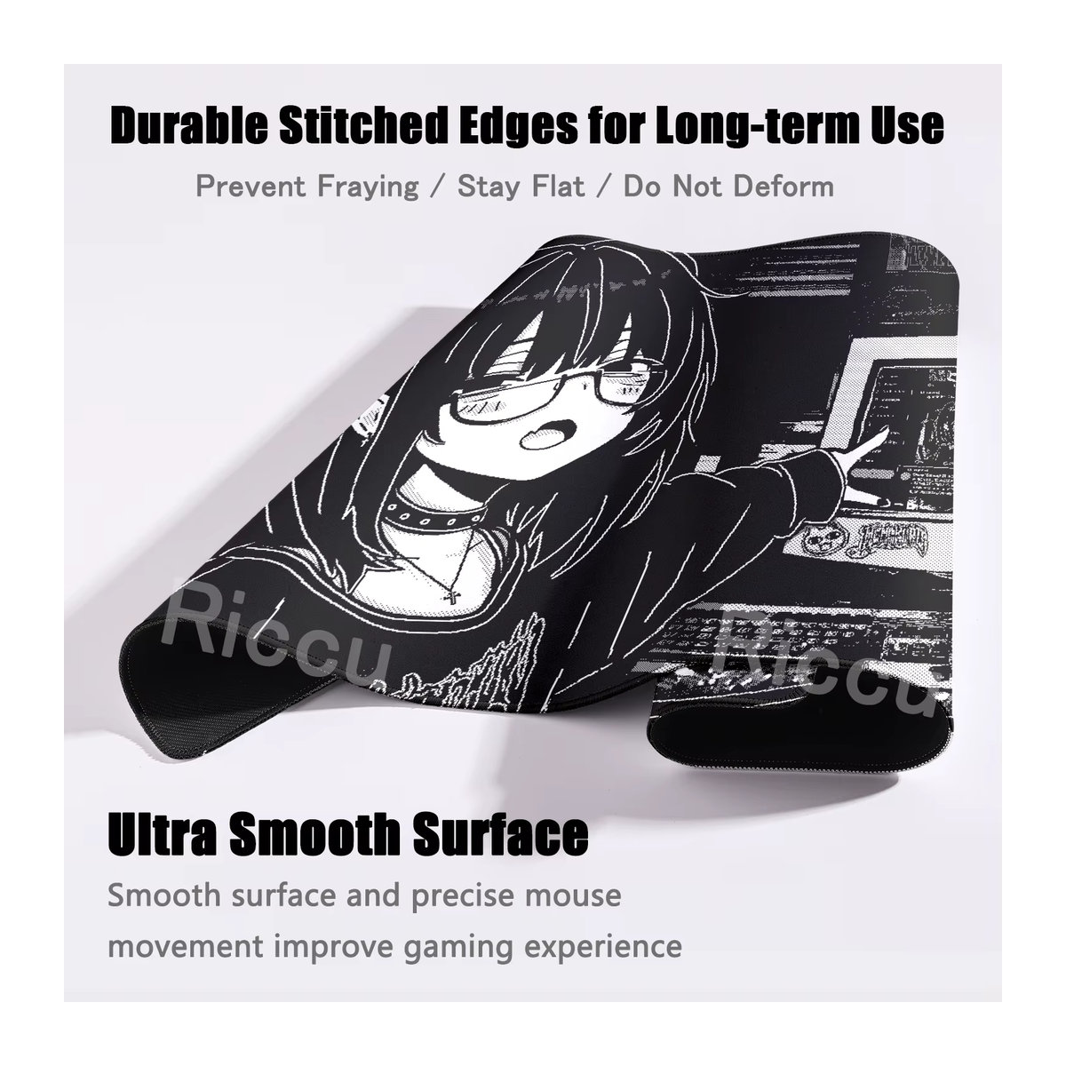 Anime-Mädchen Pixel Mousepad Riccu XXL Schwarz-Weiß Textil Schreibtischmatte - Bild 4
