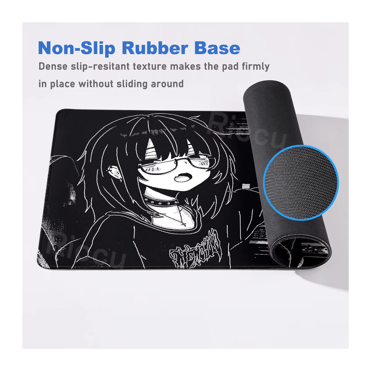 Anime-Mädchen Pixel Mousepad Riccu XXL Schwarz-Weiß Textil Schreibtischmatte - Bild 5