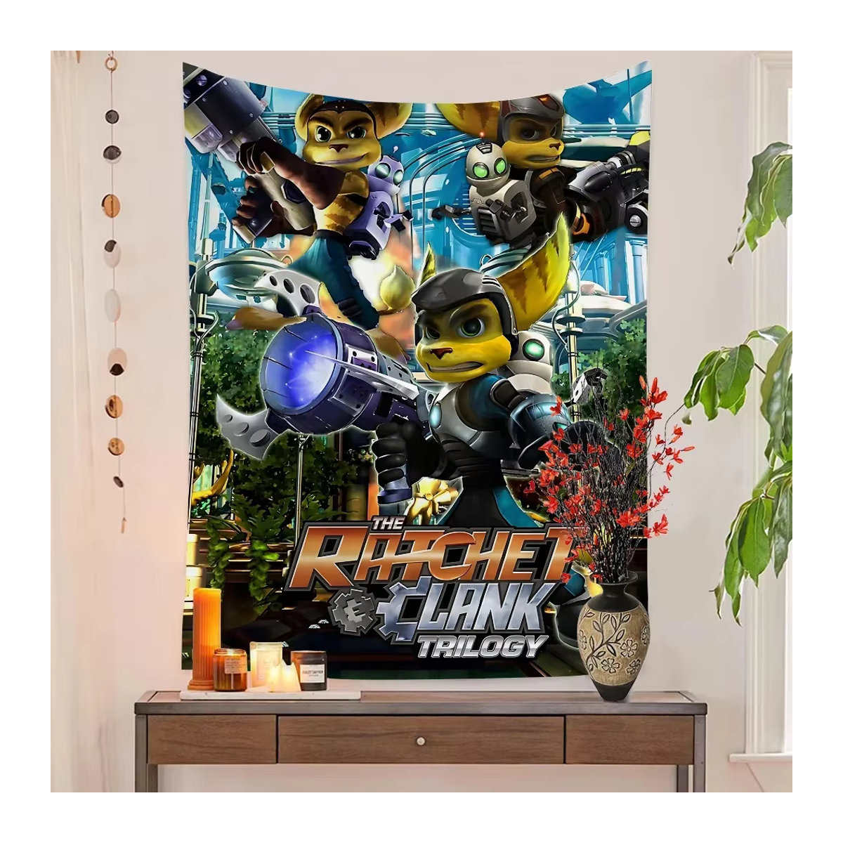 Anime Wandteppich R-Ratsche und Clank im Bohemian-Stil mit floralem Design, mehrfarbig, B/H: 70 x 70 cm - Bild 4