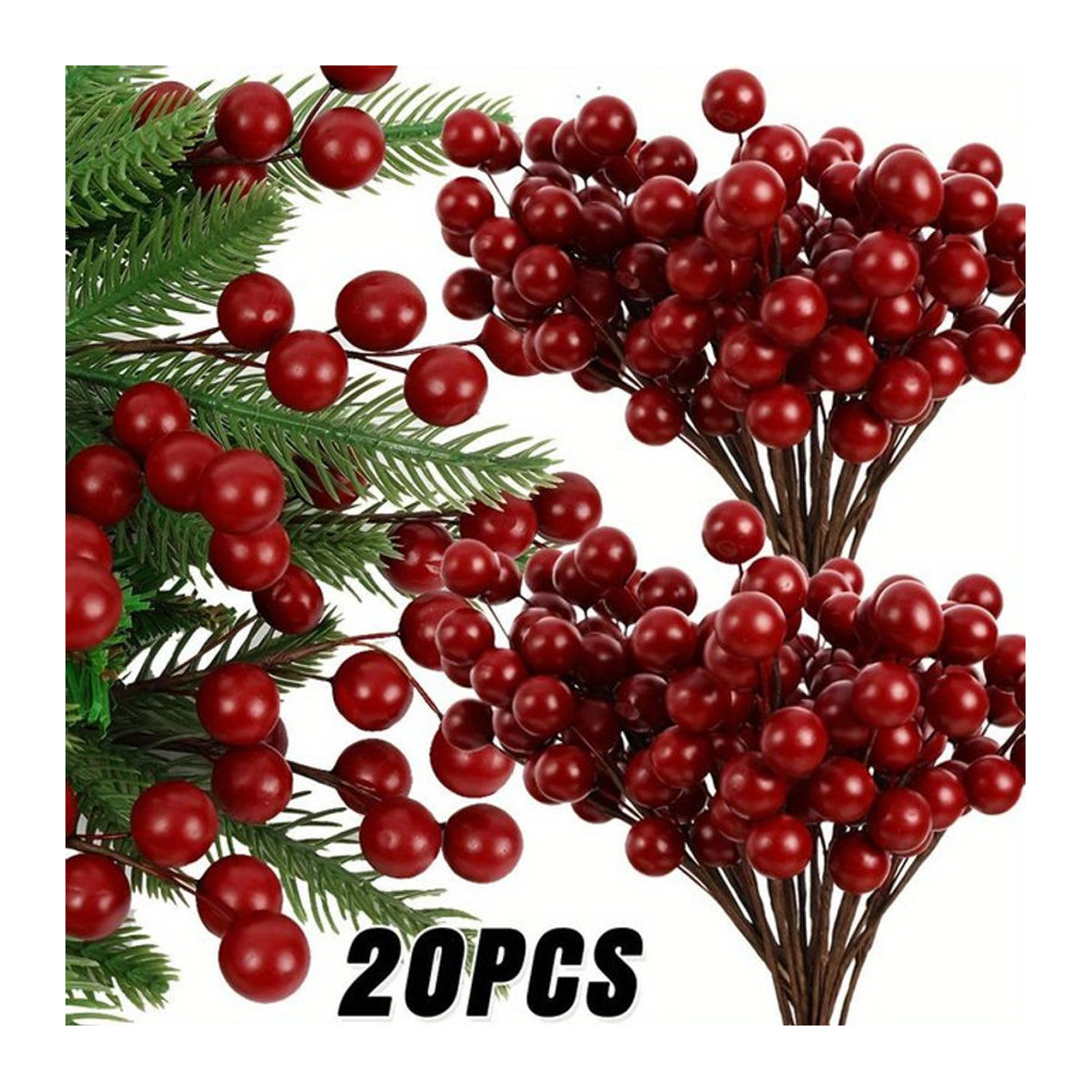 Anlina 20 Stück künstliche Stechpalmenbeeren in Rot für Weihnachtsbaumschmuck und Blumengestecke, Mini Beeren 10mm auf Draht - Bild 1