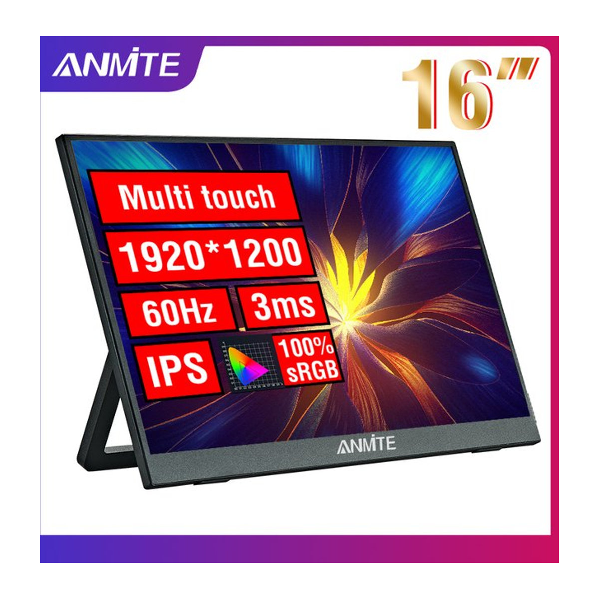 Anmite 16-Zoll Tragbarer Touch-Monitor mit 1200P HDR und 16:10 Format in Schwarz für PC, Laptop, Konsole und Smartphone - Bild 1