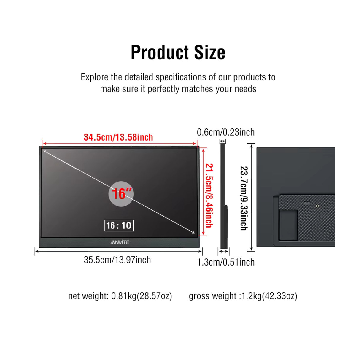Anmite 16-Zoll Tragbarer Touch-Monitor mit 1200P HDR und 16:10 Format in Schwarz für PC, Laptop, Konsole und Smartphone - Bild 3
