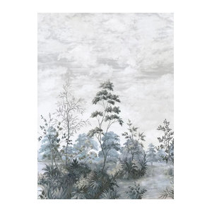 Anna French Mural Cumbria Fototapete Vlies in Spa Blue on Pearl mit Landschafts- und Floral-Motiv in Blau und Grau