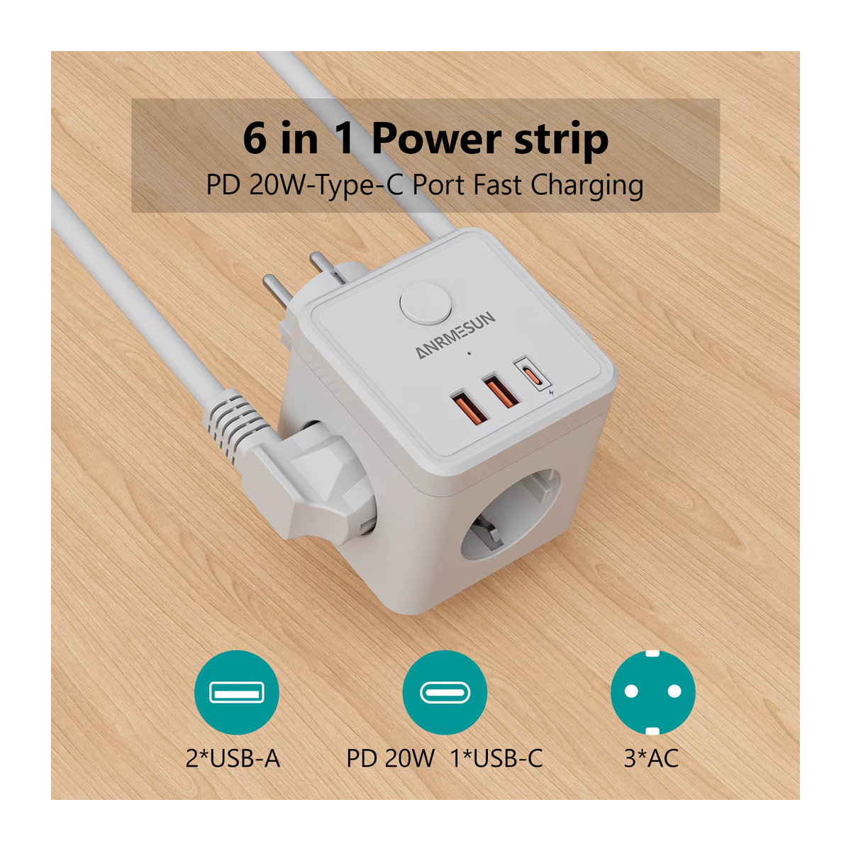 ANRMESUN Steckdosenleiste mit 3 AC-Steckdosen, 2 USB QC3.0 und 2 USB Typ C PD20W Schnellladefunktion mit Ein/Aus-Schalter in Schwarz oder Weiß - Bild 1