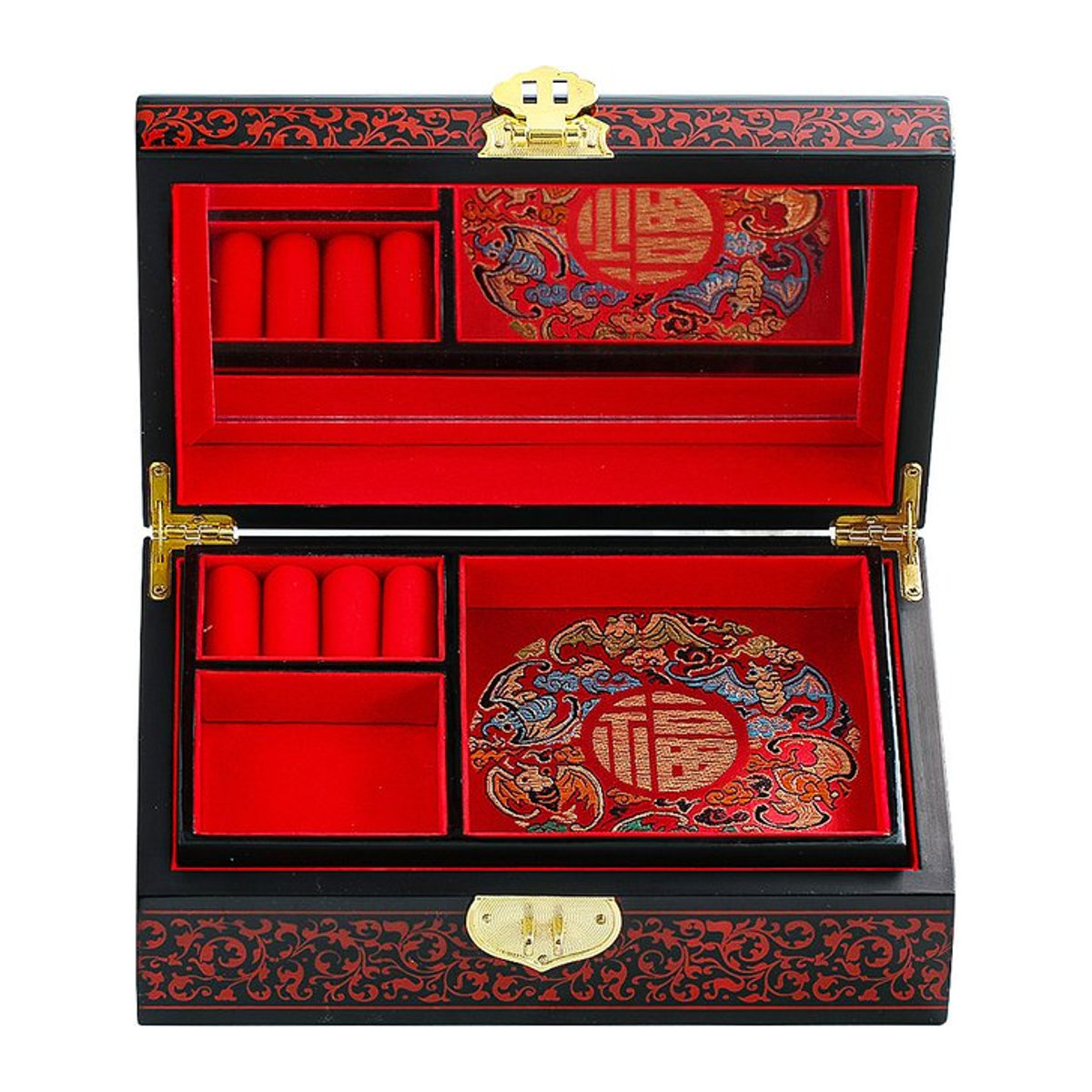 Antike chinesische Aufbewahrungsbox aus Massivholz mit Drachen- und Phoenix-Motiv, rote Lackwaren-Schmuckbox mit Spiegel für Hochzeiten und Make-up - Bild 1