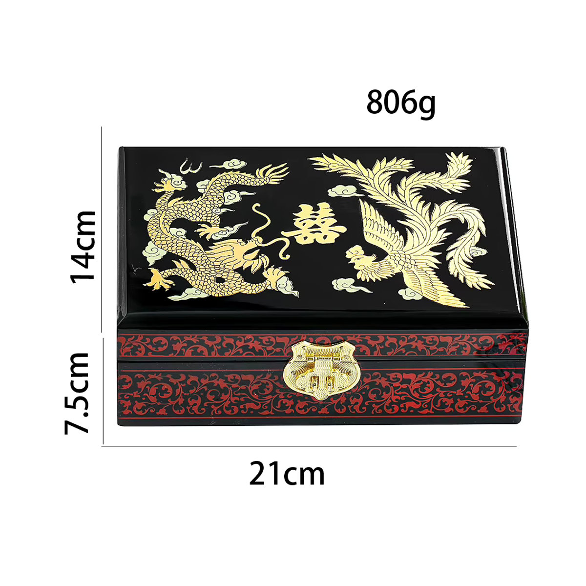 Antike chinesische Aufbewahrungsbox aus Massivholz mit Drachen- und Phoenix-Motiv, rote Lackwaren-Schmuckbox mit Spiegel für Hochzeiten und Make-up - Bild 2