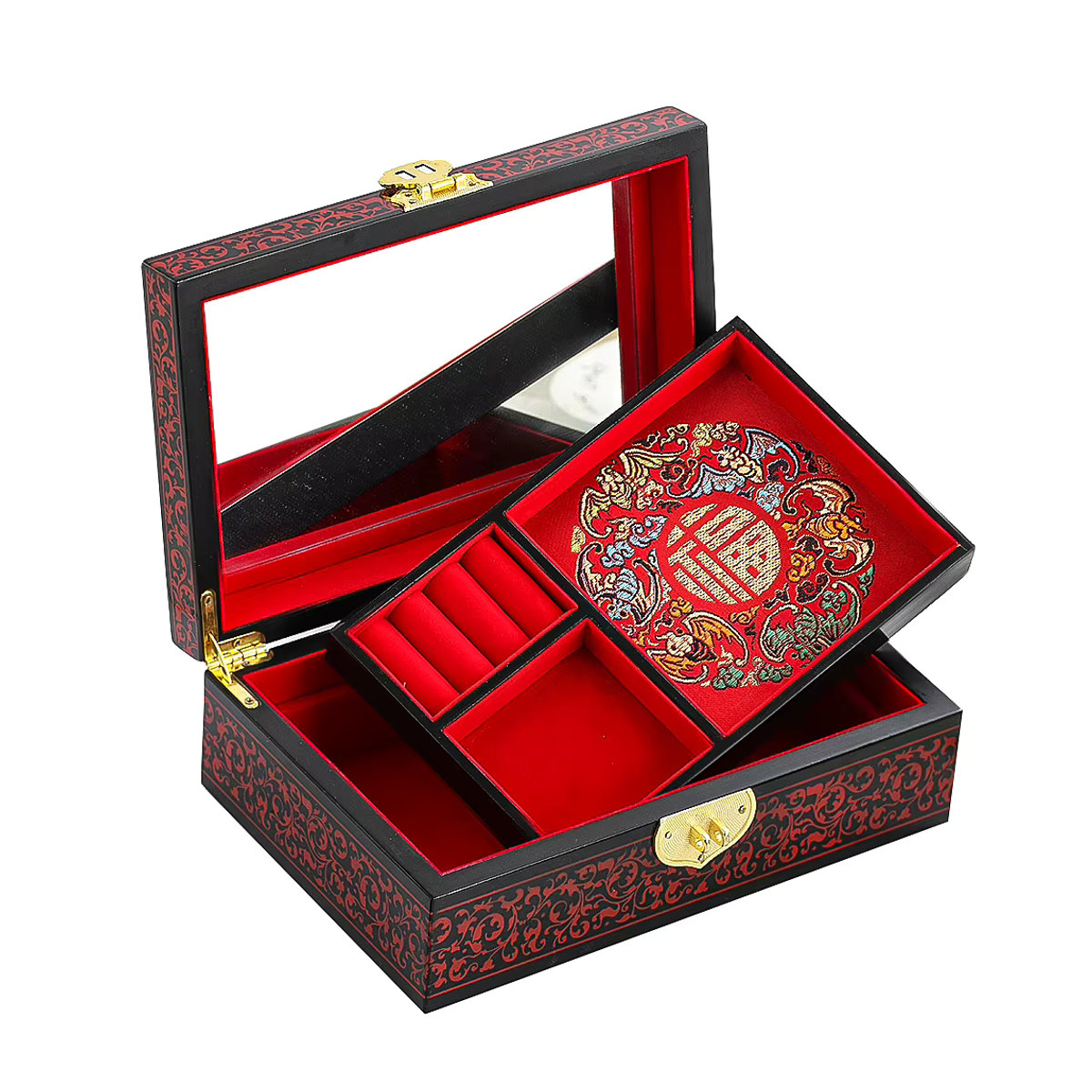Antike chinesische Aufbewahrungsbox aus Massivholz mit Drachen- und Phoenix-Motiv, rote Lackwaren-Schmuckbox mit Spiegel für Hochzeiten und Make-up - Bild 3