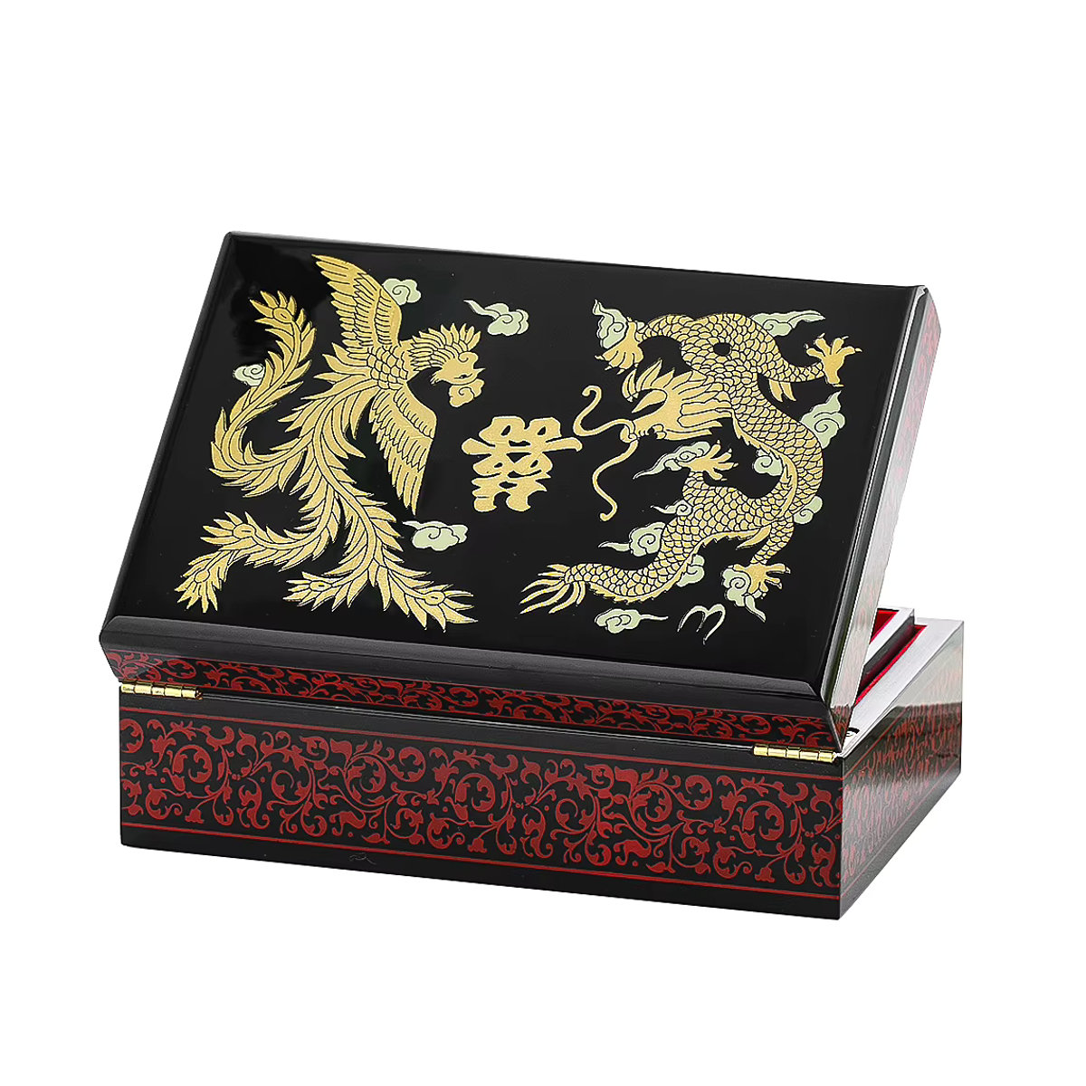 Antike chinesische Aufbewahrungsbox aus Massivholz mit Drachen- und Phoenix-Motiv, rote Lackwaren-Schmuckbox mit Spiegel für Hochzeiten und Make-up - Bild 4