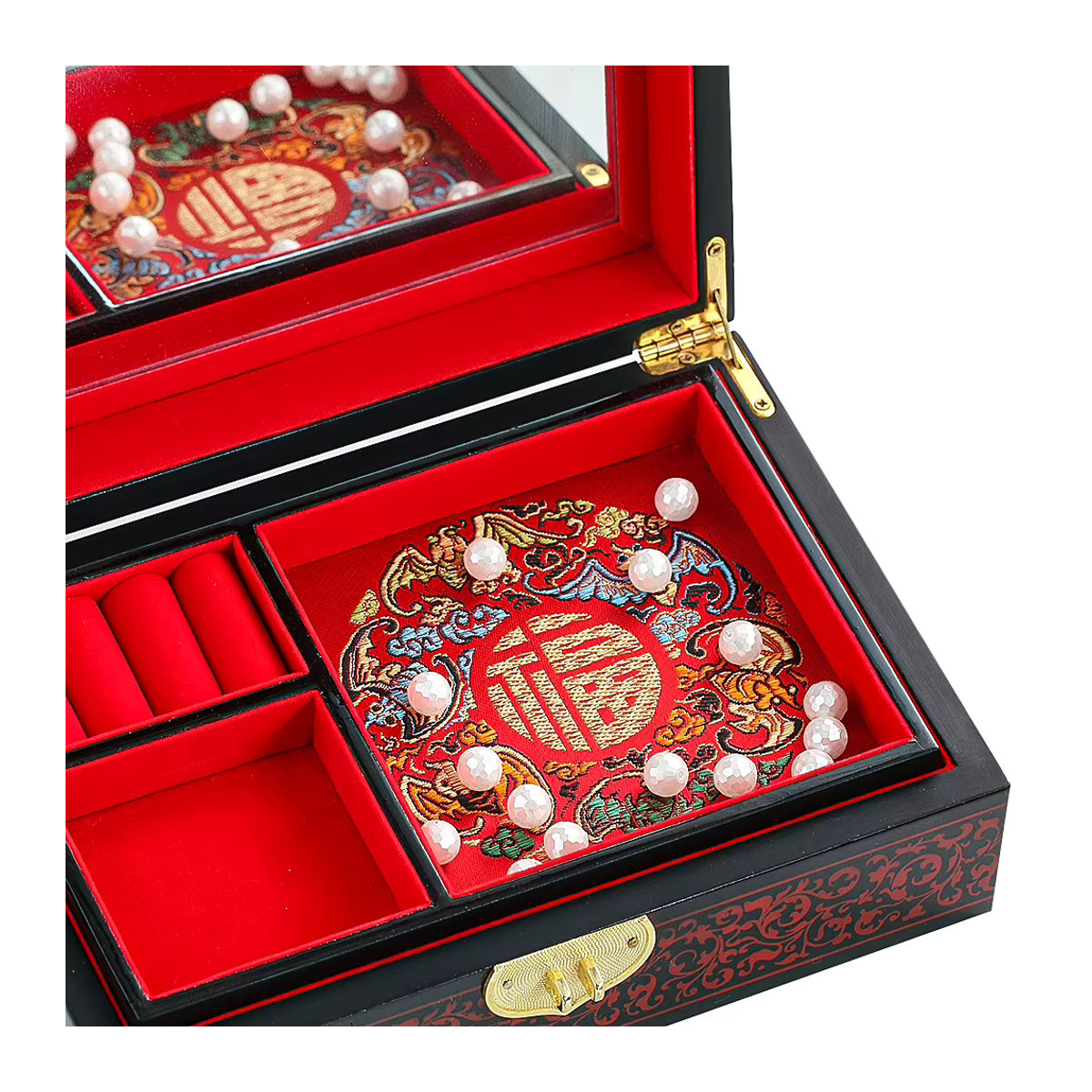 Antike chinesische Aufbewahrungsbox aus Massivholz mit Drachen- und Phoenix-Motiv, rote Lackwaren-Schmuckbox mit Spiegel für Hochzeiten und Make-up - Bild 5