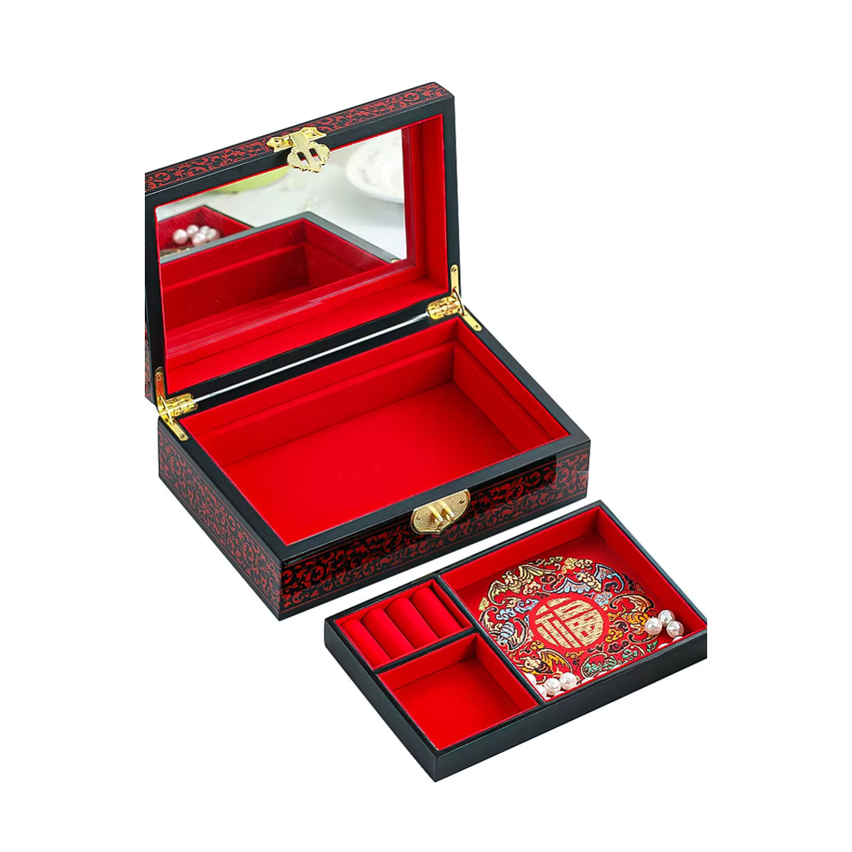 Antike chinesische Aufbewahrungsbox aus Massivholz mit Drachen- und Phoenix-Motiv, rote Lackwaren-Schmuckbox mit Spiegel für Hochzeiten und Make-up - Bild 6