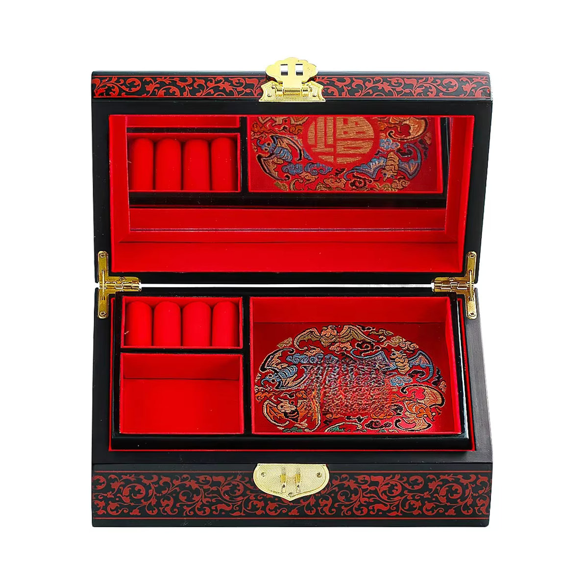 Antike chinesische Aufbewahrungsbox aus Massivholz mit Drachen- und Phoenix-Motiv, rote Lackwaren-Schmuckbox mit Spiegel für Hochzeiten und Make-up - Bild 7