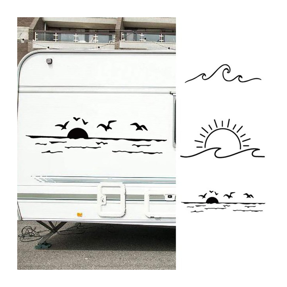 Aooins Vinyl Aufkleber Sonnenuntergang über dem Ozean in Blau und Schwarz für Camper, Auto und Laptop - Bild 1