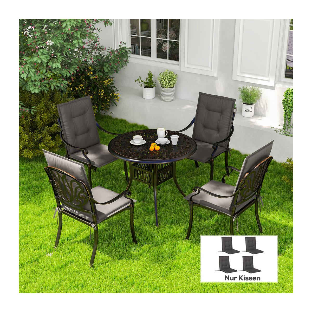 Aosom 4er Set Sitzkissen aus Polyester in Anthrazit, rechteckige Sitzauflage für Gartenmöbel und Stühle, B/T/H: 108 x 50 x 5 cm - Bild 2