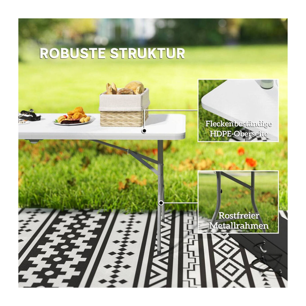 Aosom Gartentisch klappbar aus Metall und Kunststoff in Weiß und Grau, B/T/H: 74 x 74 x 180 cm - Bild 4