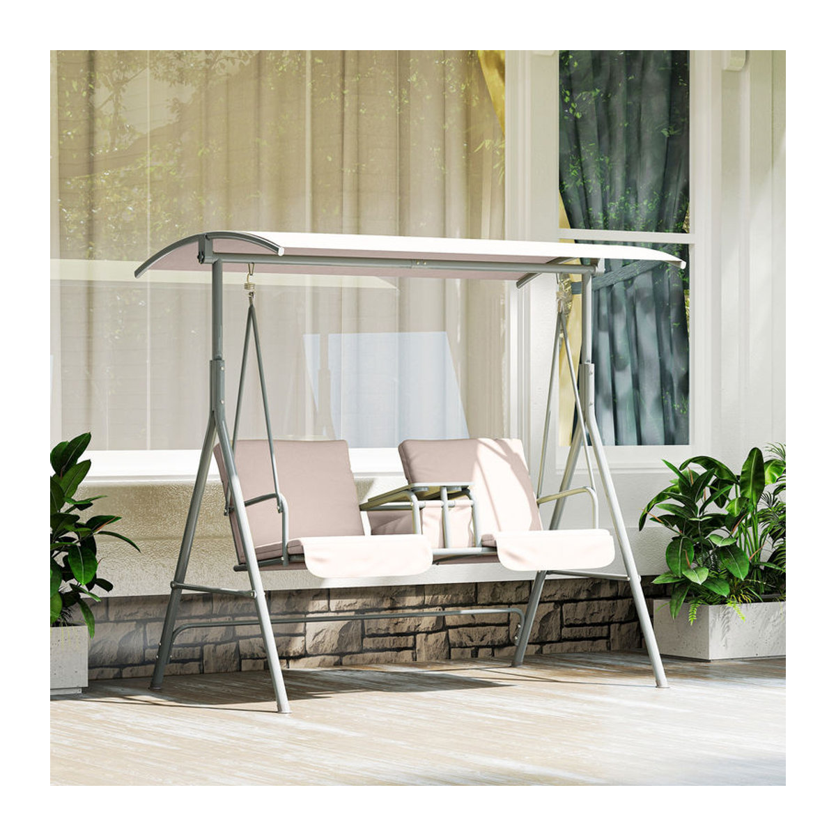 Aosom Hollywoodschaukel 2-Sitzer mit Sonnendach und Seitentaschen in Beige, B/T/H: 175 x 112 x 165 cm - Bild 2