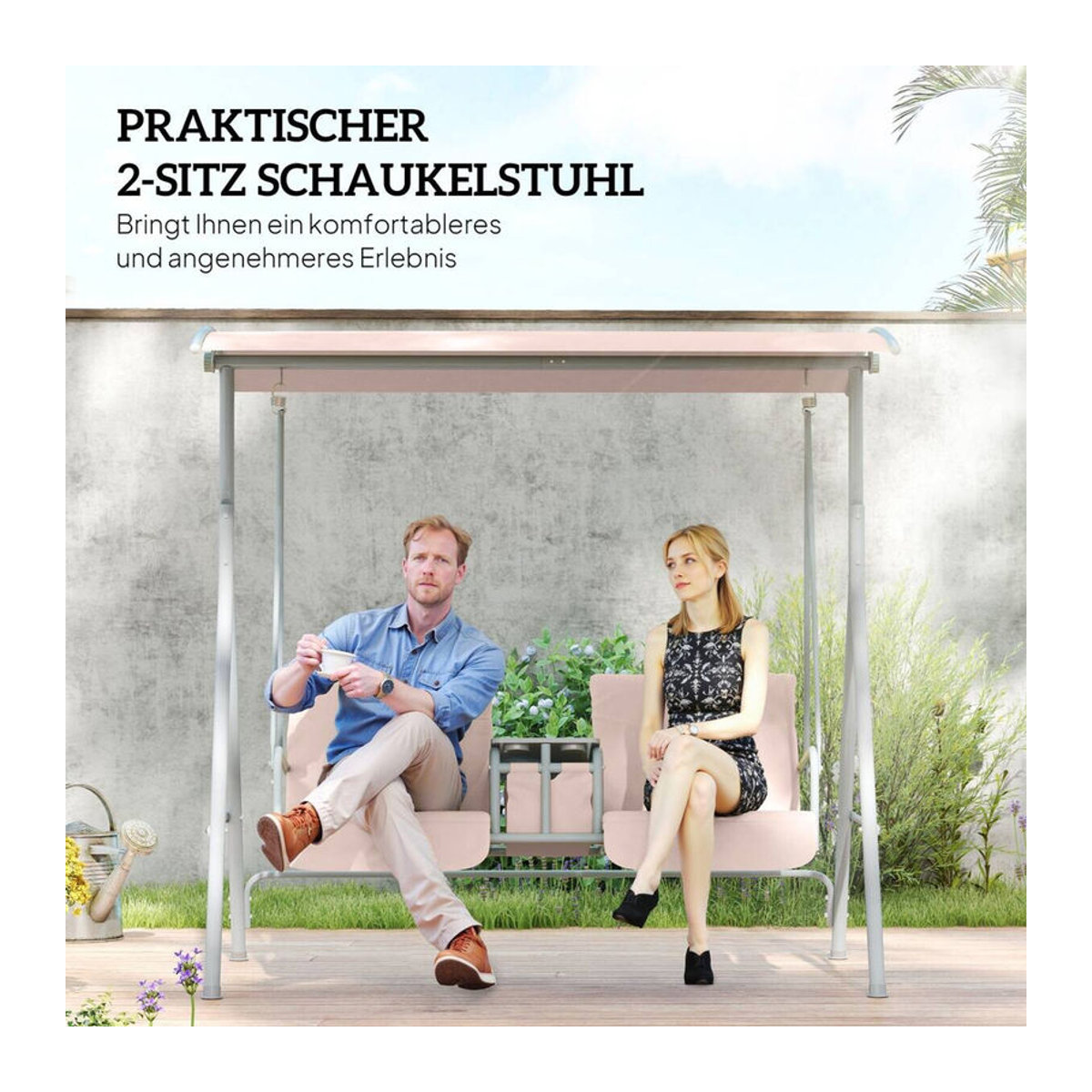 Aosom Hollywoodschaukel 2-Sitzer mit Sonnendach und Seitentaschen in Beige, B/T/H: 175 x 112 x 165 cm - Bild 3