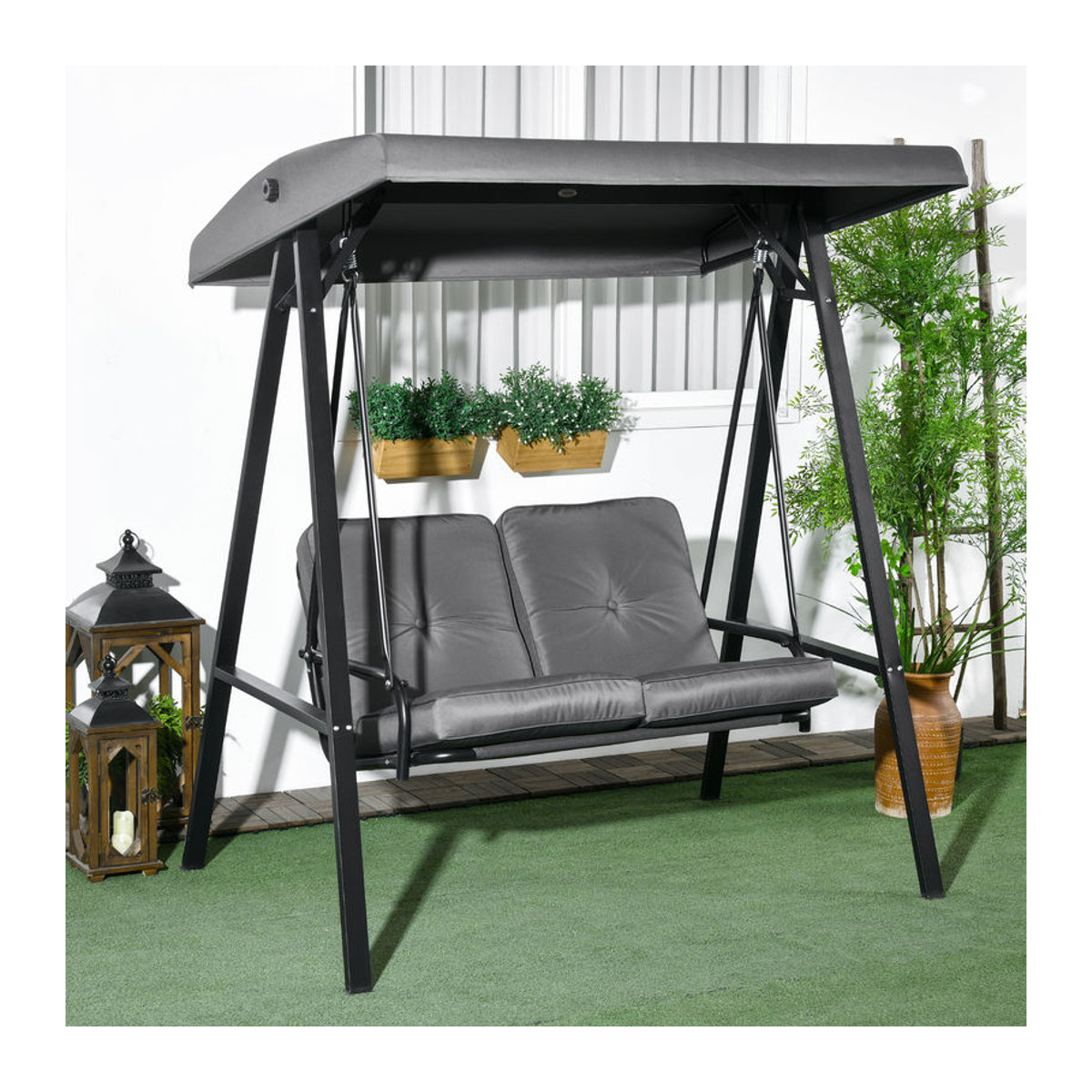 Aosom Hollywoodschaukel 2-Sitzer mit verstellbarem Dach und Kissen, Anthrazit, B/T/H: 145 x 116 x 172 cm - Bild 2