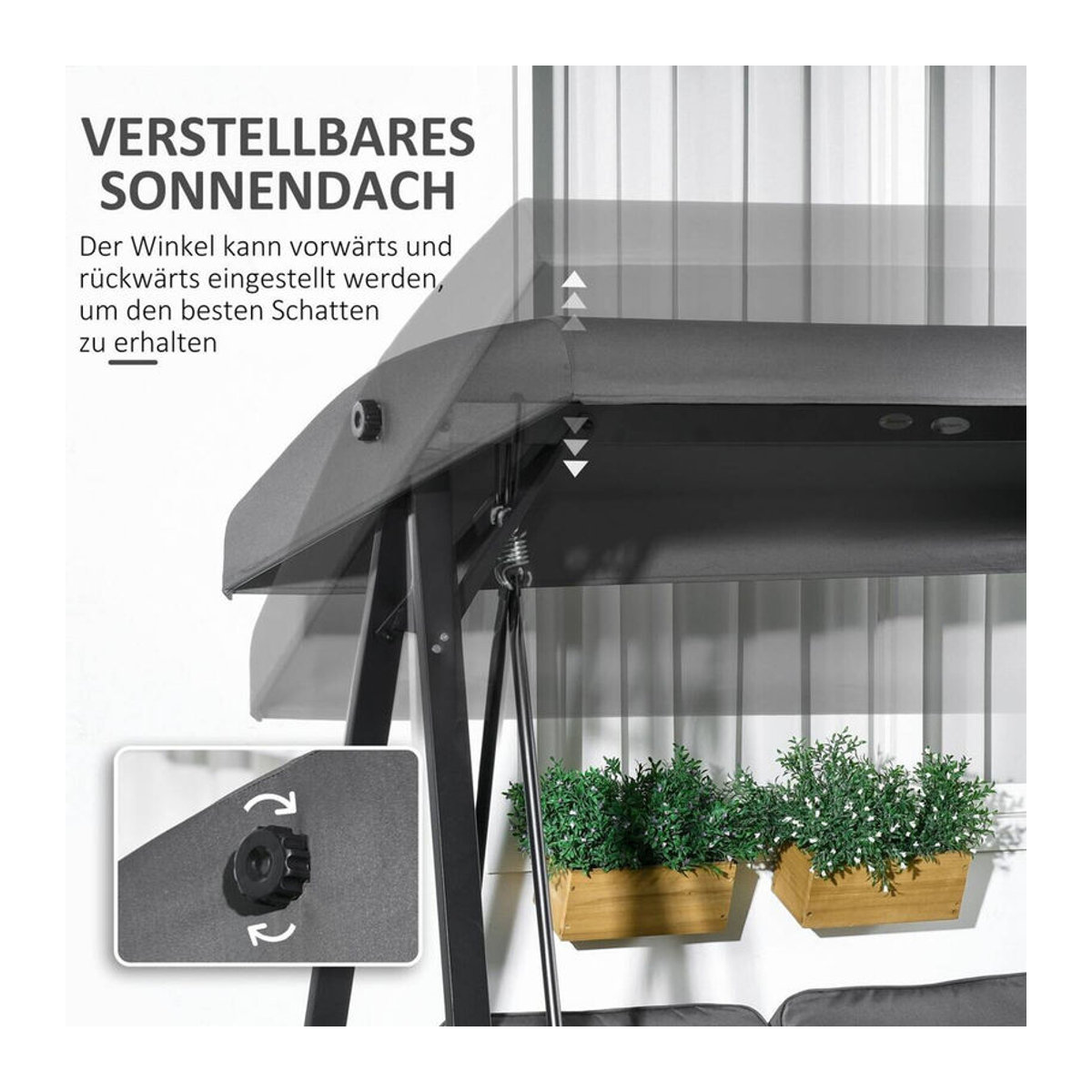 Aosom Hollywoodschaukel 2-Sitzer mit verstellbarem Dach und Kissen, Anthrazit, B/T/H: 145 x 116 x 172 cm - Bild 3