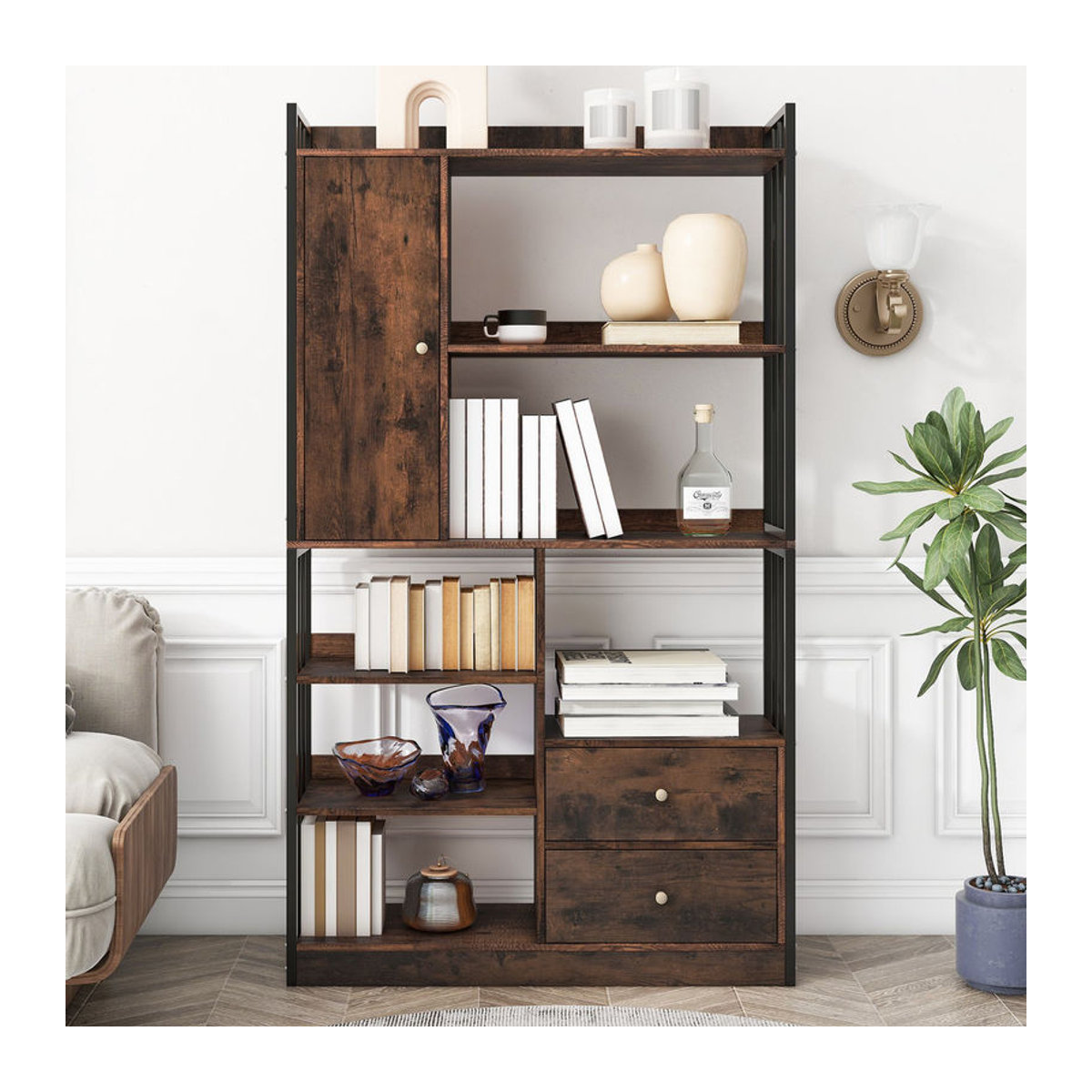 Aosom Industrielles Bücherregal aus Stahl mit 6 Regalböden, Türen und Schubladen, Schwarzbraun, B: 100 cm, T: 30 cm, H: 173,5 cm - Bild 2