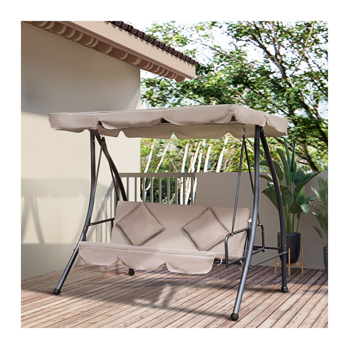Aosom Outsunny 2 in 1 Hollywoodschaukel mit Liegefunktion und Sonnendach, 3-Sitzer Gartenschaukel mit Kissen in Beige, B/T/H: 200 x 125 x 170 cm - Bild 2
