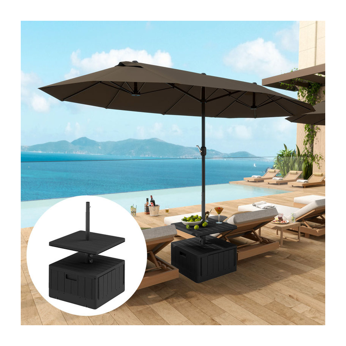 Aosom Outsunny 3 in 1 Sonnenschirmständer Schwarz aus Metall und Kunststoff mit Rollen, Tischplatte und Bepflanzfunktion für Sonnenschirme Ø38/48 mm, B/H/L: 53 x 45 x 53 cm - Bild 2