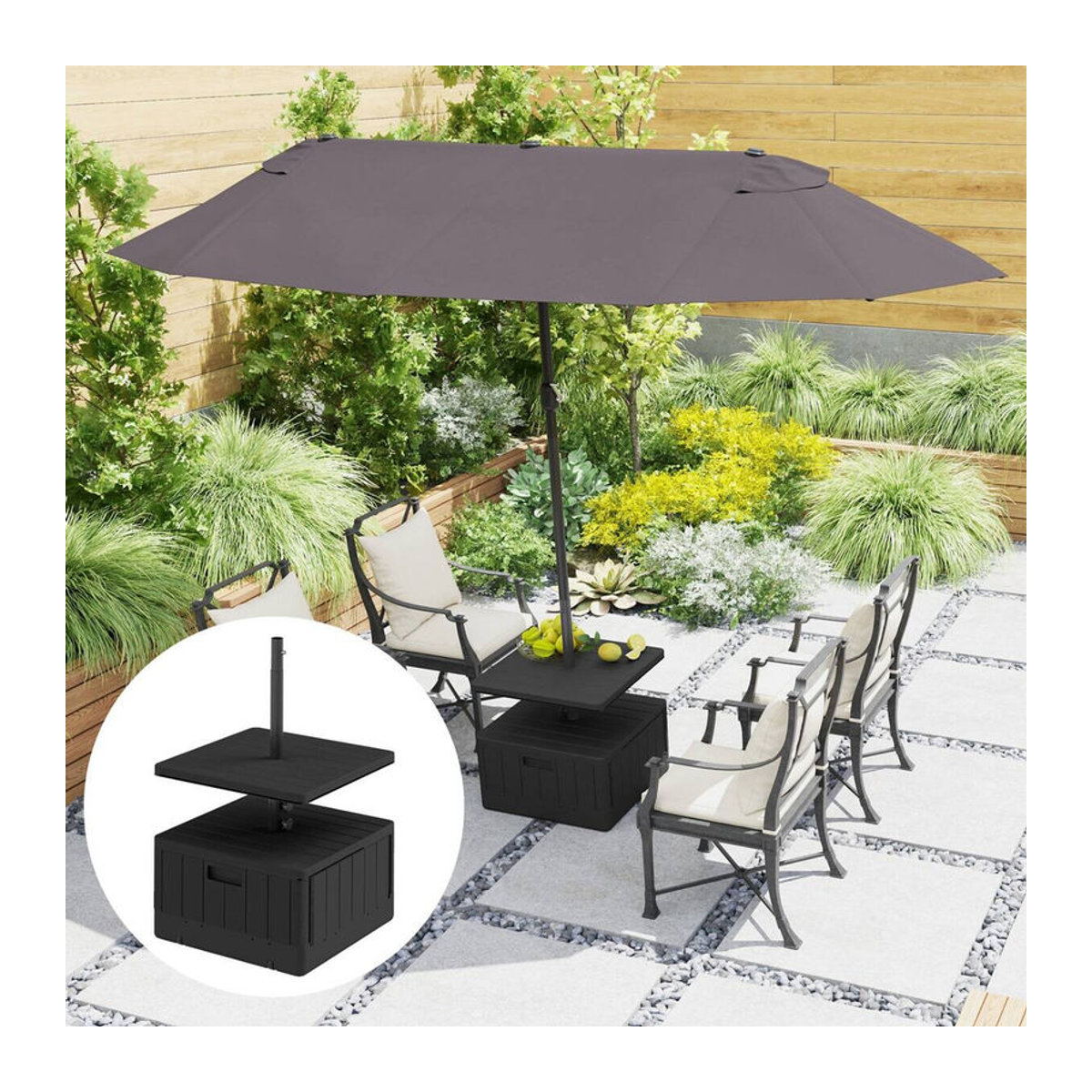 Aosom Outsunny 3 in 1 Sonnenschirmständer Schwarz aus Metall und Kunststoff mit Rollen, Tischplatte und Bepflanzfunktion für Sonnenschirme Ø38/48 mm, B/H/L: 53 x 45 x 53 cm - Bild 3