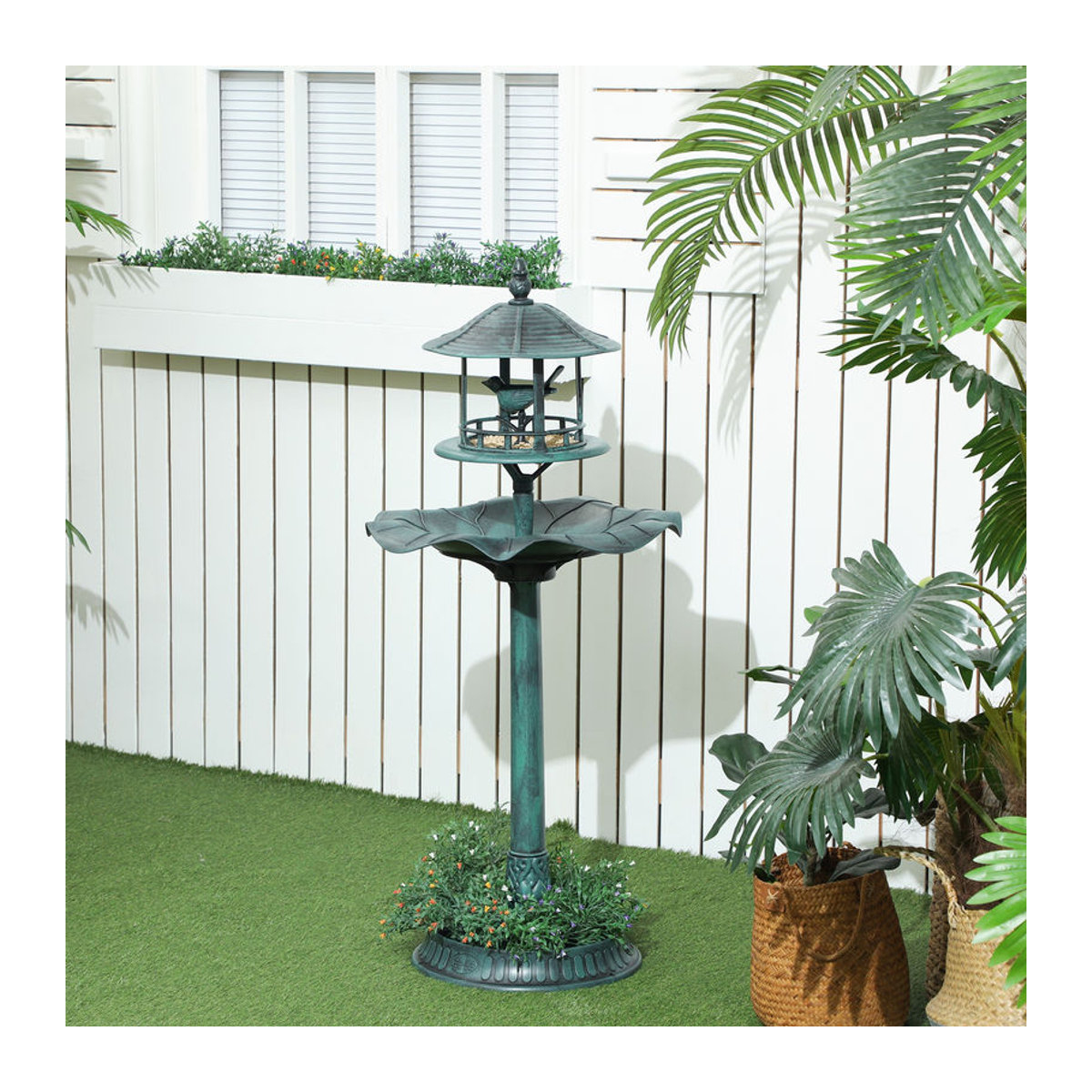 Aosom Outsunny 3-in-1 Vogelbad und Vogeltränke mit Blumenkübel, Farbe Grün-Grau, Durchmesser: 50 cm, Höhe: 113 cm - Bild 2