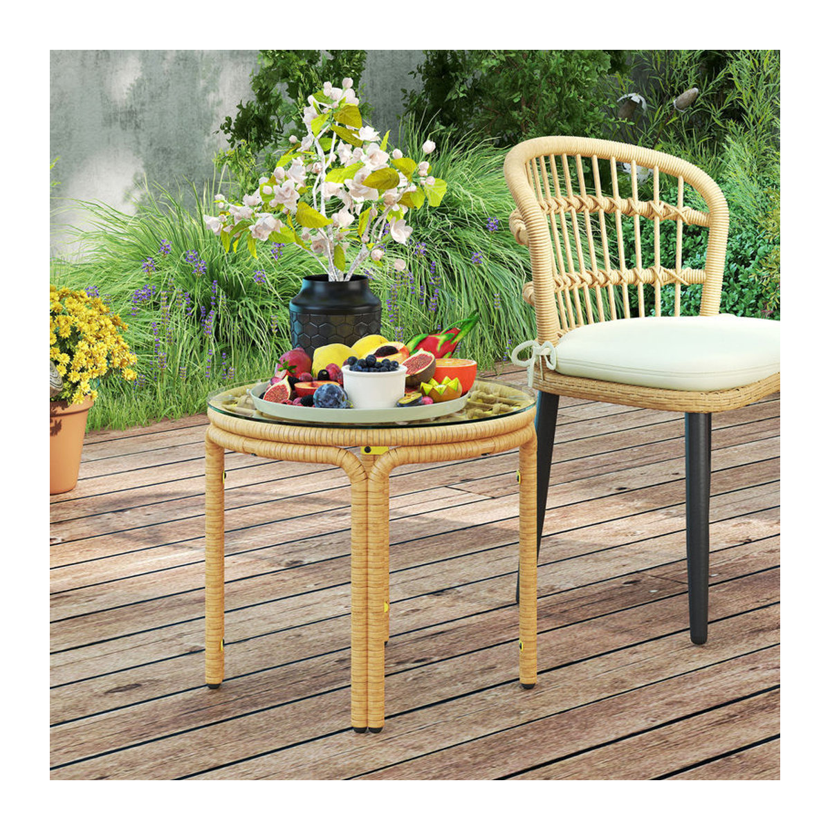 Aosom Outsunny Beistelltisch aus Polyrattan mit Glasplatte in Gelb, runder Gartentisch mit Durchmesser: 50 cm - Bild 1