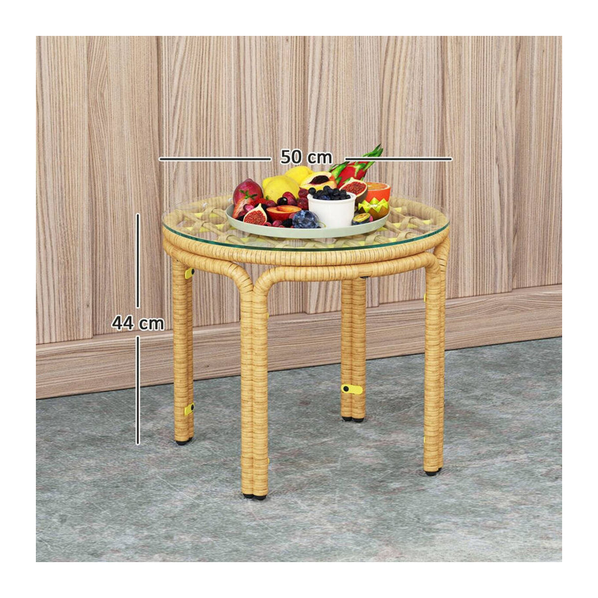 Aosom Outsunny Beistelltisch aus Polyrattan mit Glasplatte in Gelb, runder Gartentisch mit Durchmesser: 50 cm - Bild 2
