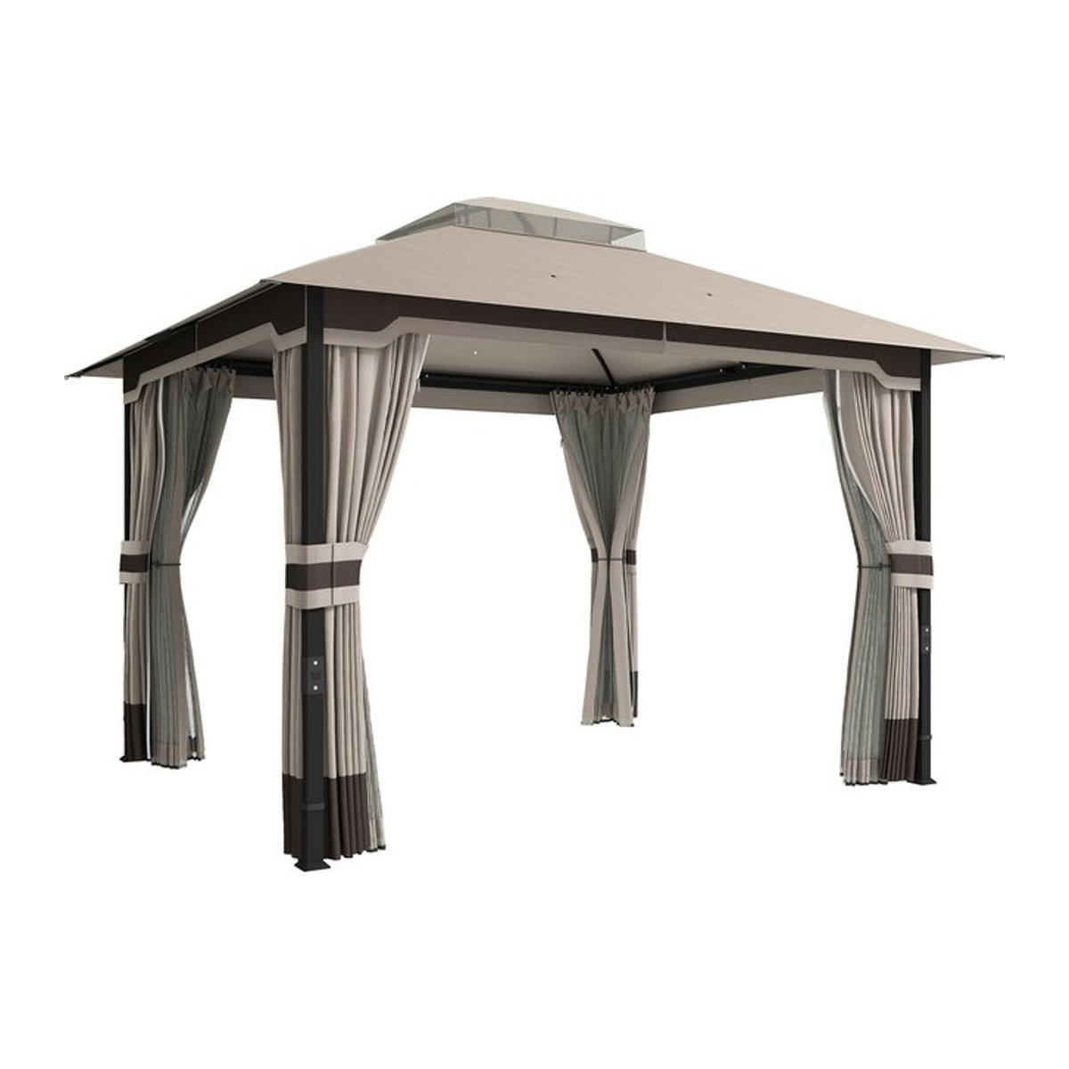 Aosom Outsunny Garten-Pavillon mit Doppeldach, Seitenwand und Moskitonetz, Metallgestell, Beige, B: 360 cm, T: 300 cm - Bild 1