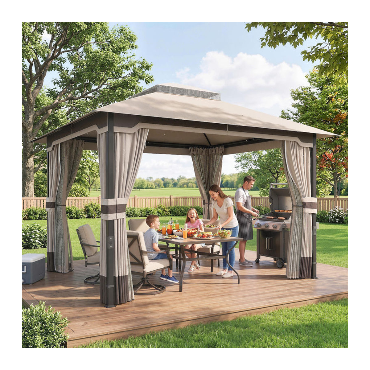 Aosom Outsunny Garten-Pavillon mit Doppeldach, Seitenwand und Moskitonetz, Metallgestell, Beige, B: 360 cm, T: 300 cm - Bild 2