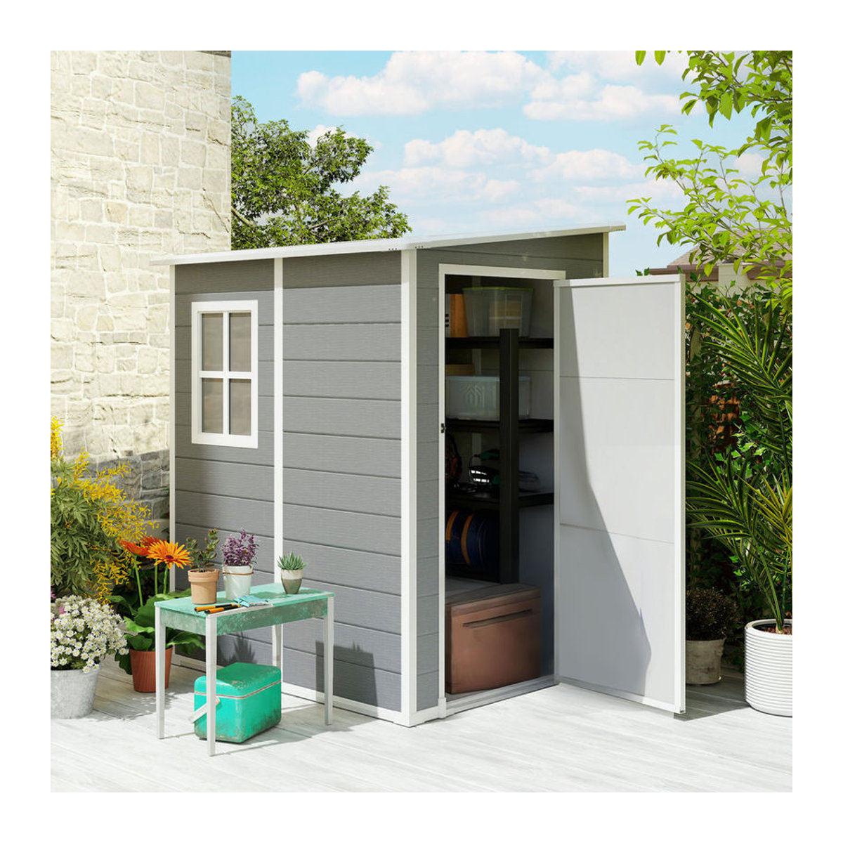 Aosom Outsunny Gartenhaus aus Aluminium und Metall mit Pultdach und abschließbarer Tür in Grau, B/T/H: 149 x 122 x 192 cm - Bild 2