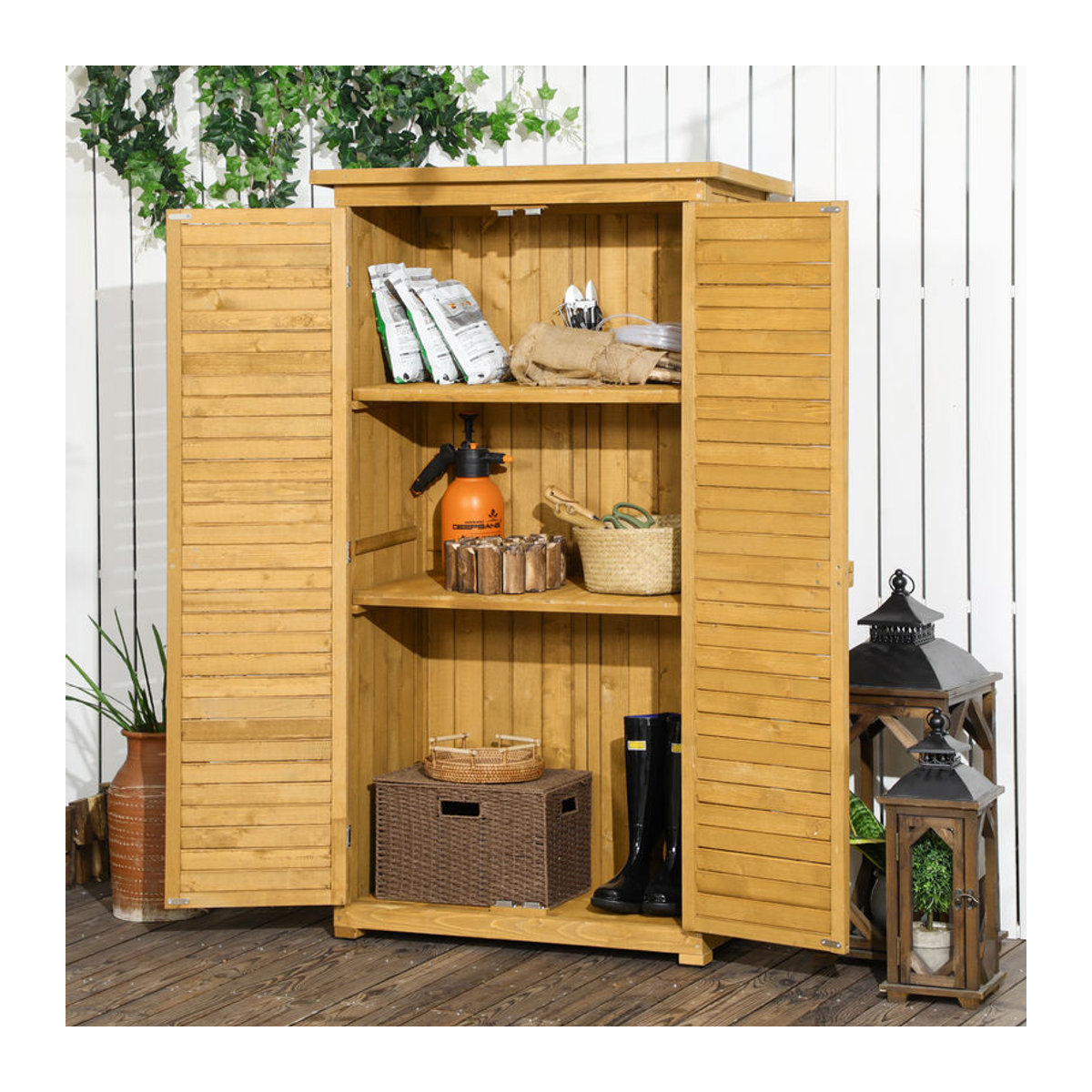 Aosom Outsunny Gartenschrank aus Massivholz in Natur im Landhausstil mit Pultdach und Lamellentüren B/T/H: 87 x 46,5 x 160 cm - Bild 1