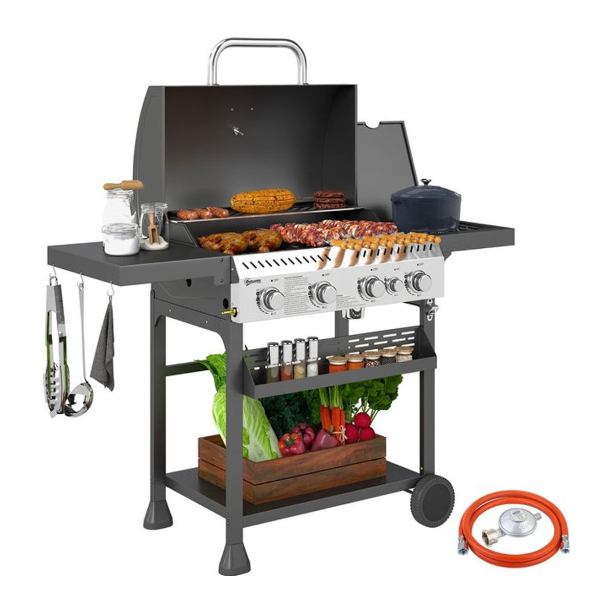 Aosom Outsunny Gasgrill aus Edelstahl mit 4+1 Brennern und Seitenbrenner in Silber - Bild 1