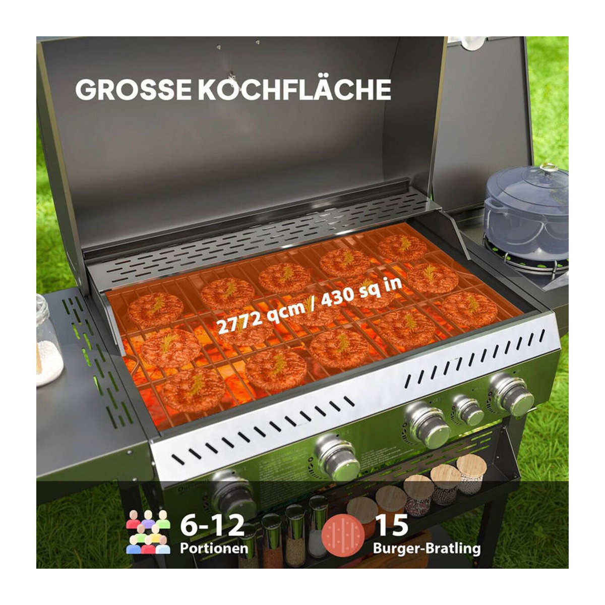 Aosom Outsunny Gasgrill aus Edelstahl mit 4+1 Brennern und Seitenbrenner in Silber - Bild 6