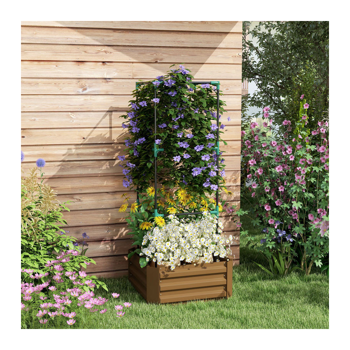 Aosom Outsunny Hochbeet mit Rankhilfe aus verzinktem Stahl, höhenverstellbarer Pflanzkasten für Garten und Balkon, Braun, B/T/H: 61 x 61 x 140 cm - Bild 2