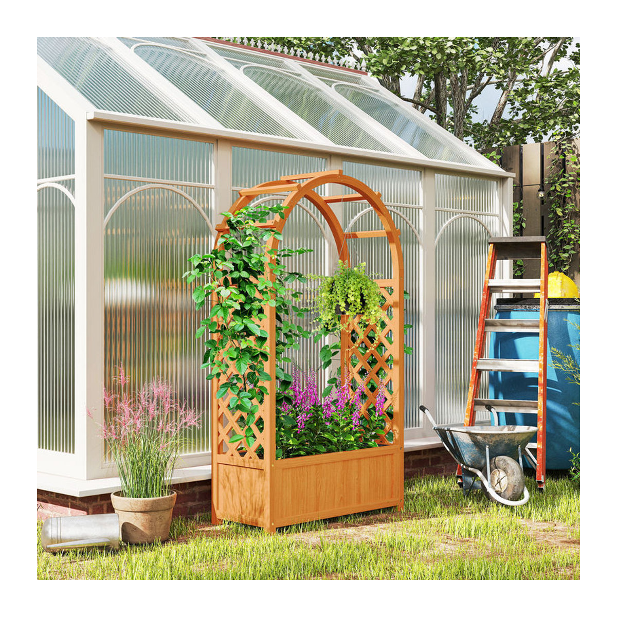 Aosom Outsunny Hochbeet Pflanzkasten mit Rankgitter und gebogenem Dach aus Kiefernholz in Natur Braun, B/T/H: 83 x 36 x 145 cm - Bild 2