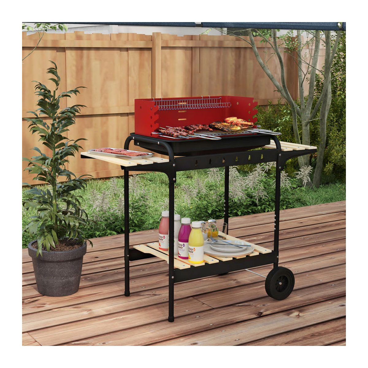 Aosom Outsunny Holzkohlegrill aus Metall mit Rädern und Holzablage, B/T/H: 103 x 47 x 95 cm - Bild 2