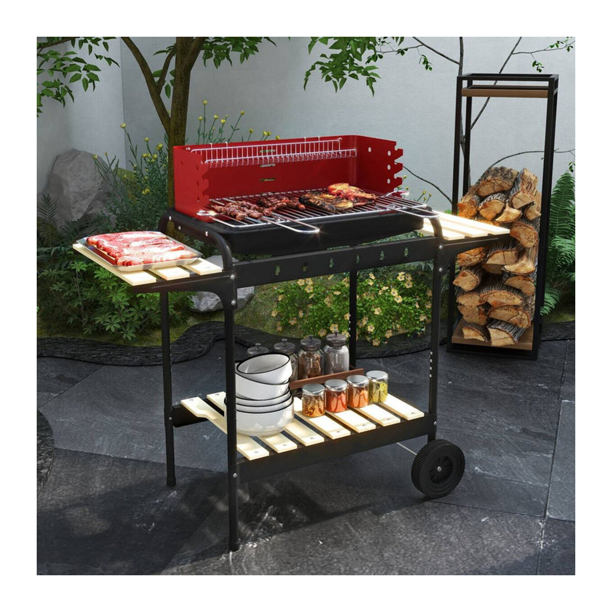 Aosom Outsunny Holzkohlegrill aus Metall mit Rädern und Holzablage, B/T/H: 103 x 47 x 95 cm - Bild 4